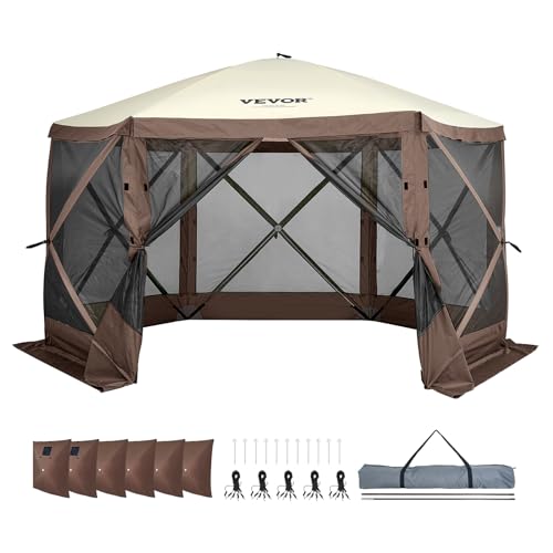 VEVOR Pop Up Gazebo Screen Tent 6 Sided Canopy Sun Shelter with 6 Removable Privacy Wind Cloths & Mesh Windows, 12.5x12.5FT Quick Set Screen Tent with Mosquito Netting, Brown - color: Brown, size: 12.5x12.5ft