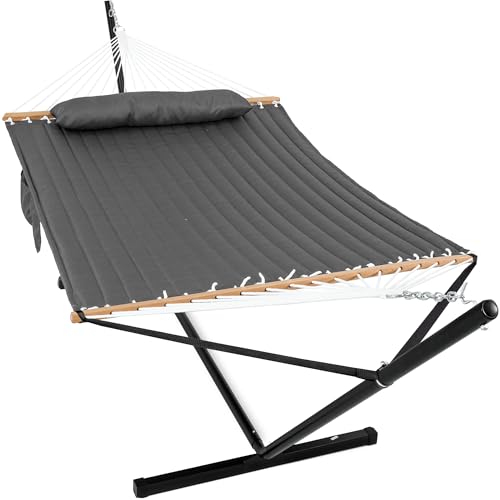 GAFETE 2 Person Hammock with Stand for Outside, Heavy Duty Steel Stand, 55inch Double Hammocks, Large Removable Pillow, Storage Bags, Max 475 lbs Capacity (Haze Gray) - color: Haze Gray