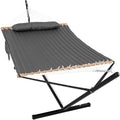 GAFETE 2 Person Hammock with Stand for Outside, Heavy Duty Steel Stand, 55inch Double Hammocks, Large Removable Pillow, Storage Bags, Max 475 lbs Capacity (Haze Gray) - color: Haze Gray