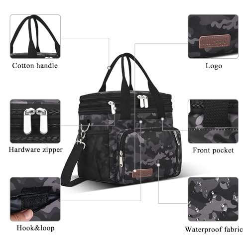 MIYCOO Lunch Bag & Lunch Box for Men Women, Double Deck Leakproof Insulated Soft Large Adult Camping Cooler bag for Work, Beach, Picnic, Travel (Black Camo, 15L) - color: Black Camo