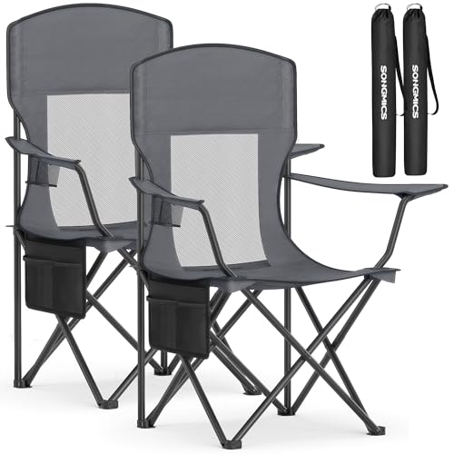 SONGMICS Breathable Camping Chairs, Foldable Outdoor Chairs Set of 2, High Back, Adjustable Armrests, Drink Holder, Weight Capacity 330 lb, for Sports Garden Backyard, Slate Gray UGCB028G01 - color: Grey, style: 2PC (20.3"D x 34"W x 38.2"H)