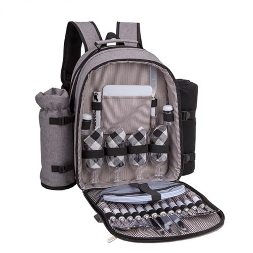 Picnic Backpack for 4 with Plates and Cutlery, Insulated Cooler Bag with Blanket & Wine Holder, All-in-One Outdoor Dining Set for Camping, Beach, Tailgating - 25L (Grey) - color: Gray