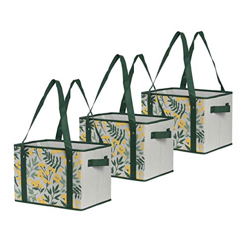 Reusable Grocery Bags Set Shopping Box with Reinforced Bottom Heavy Duty Premium Collapsible Foldable with Long Handles Storage Boxes Eco Friendly Bins Cubes Spring (Set of 3) - color: Springflowers