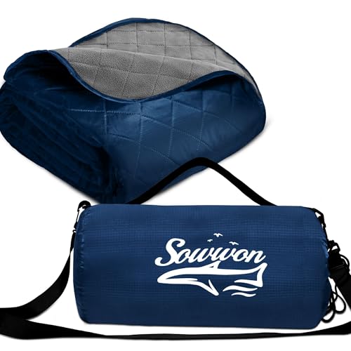 Waterproof Outdoor Blanket 82”X 55” Packable, Stadium Blankets for Camping with Quilted Fleece Lining, Large Windproof Emergency Throw for Garss Picnic Hiking Road Trip, Machine Washable, Navy 300GSM - color: Fleece Navy-300 Gsm, size: 82"x 55"