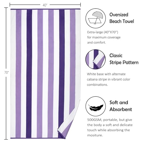 Bornbay Cotton Oversized Beach Towel - Extra Large 40"X70" Big Cute Thick Pool Towel, XL Stitch Beach Towels Striped Purple Swimming Towel for Adults Women - color: Lavender
