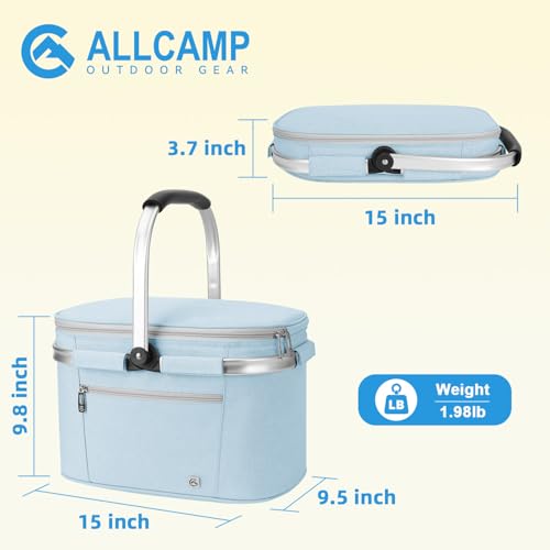 ALLCAMP Picnic Basket - Insulated Cooler, Thickening Foldable Picnic Basket with Removable Baskets & Sewn-in Frame, Basket for House Warming Gifts New Home(Light Blue) - color: Light Blue, size: Medium