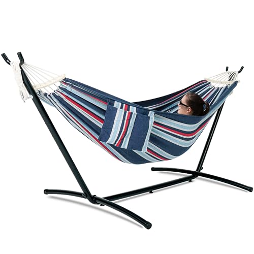 GAFETE Double Hammock with Stand for Outside, Upgraded Spreader Bar, Heavy Duty Space Saving Steel Stand 2 Person, Convenient Pockets, Easy Assembly, 600lbs Weight Capacity, Indoor & Outdoor (Night) - color: Night