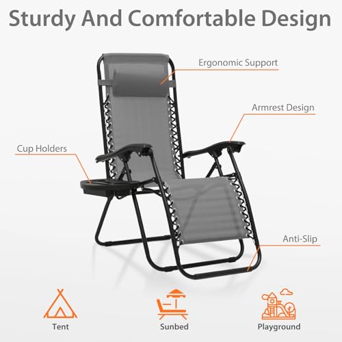 OS MOTOR Zero Gravity Chairs, Portable Folding Reclining Lounge Chairs with Adjustable Pillow and Cup Holder Trays for Outdoor, Patio, Beach, Camping, Garden, Poolside, Set of 2 Gray - color: Grey