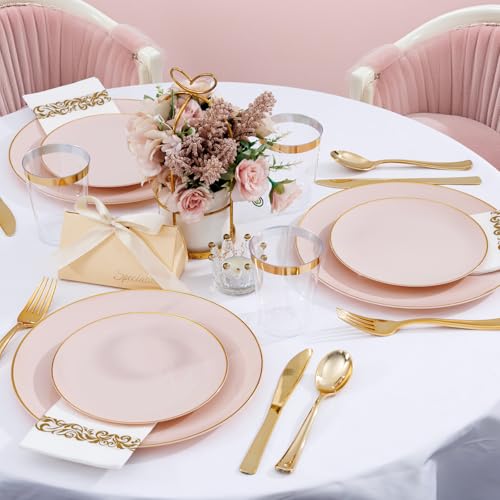 Supernal 350pcs Pink Plastic Plates,Plates Disposable Heavy Duty,Pink Disposable Plastic Dinnerware Set Include 50 Dinner Plate,50 Dessert Plate,50 Gold Cutlery,50 Cups&50 Napkins for Party&Wedding - color: 350pcs Pink and Gold Plastic Dinnerware Set