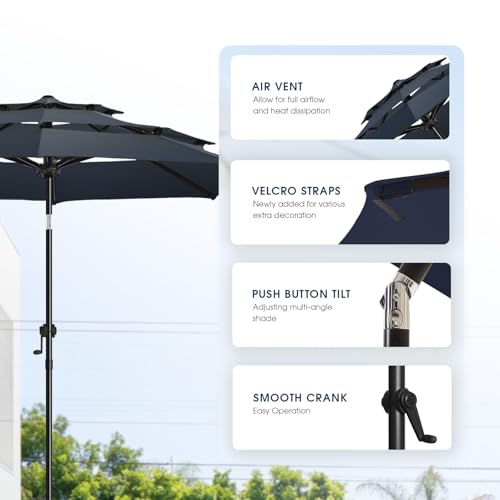 wikiwiki 10 FT Patio Umbrellas 3-Tiers Outdoor Table Market Umbrella with Push Button Tilt/Crank, Fade Resistant Waterproof POLYESTER DTY Canopy for Garden, Lawn, Deck, Backyard & Pool, Dark Blue - color: Dark Blue, size: 10 FT