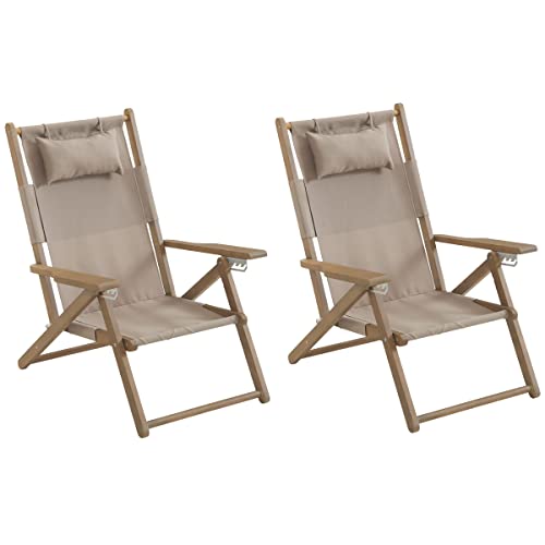 Lavish Home Set of 2 Beach Chair - Outdoor Weather-Resistant Wood Folding Chair with Backpack Straps - 4-Position Reclining Seat - Beach Essentials (Taupe) - color: Taupe, style: Set of 2
