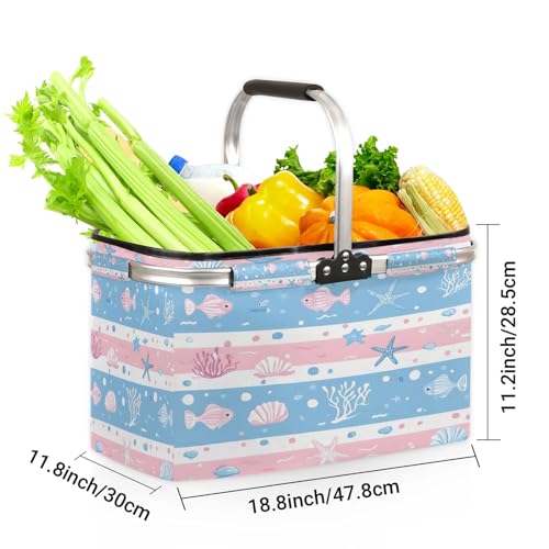 Nautical Picnic Basket Stripe Ocean Large Collapsible Market Baskets Portable Reuasble Shopping Bags with Handles for Camping Beach Travel - color: Multi C