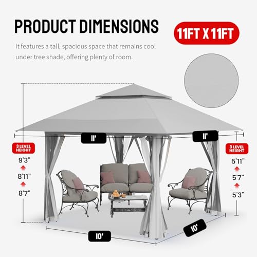CROWN SHADES 11X11 Outdoor Pop Up Gazebo Base 10X10 Patio Gazebos Patented Center Lock Quick Setup Newly Designed Storage Bag Instant Canopy Tent with Mosquito Nettings (11x11, Gray) - color: Gray, size: 11x11