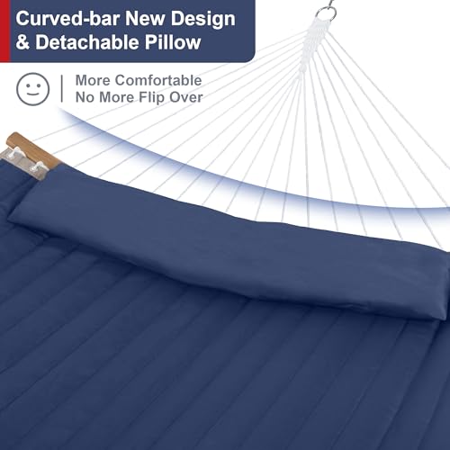 2 Person Hammock with Stand Included, Outdoor Hammock with Curved Spreader Bar, Pillow and Carrying Bag, 450 Lbs Capacity, Navy Blue - color: Navy Blue