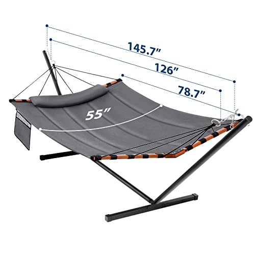 TegerDeger 12FT 2 Person Hammock with Stand Included 55 x 79IN Large Hammock 450LB Capacity with Hardwood Spreader Bar & Nylon Rope for Outside, Patio, Garden, Backyard, Beach - Deep Gray - color: Deep Gray