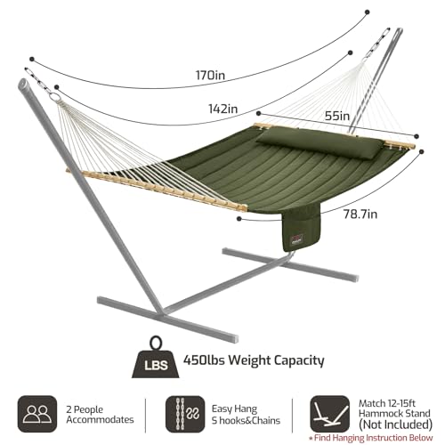 CHULIM Double Quilted Fabric Hammock with Hardwood Spreader Bars and Pillow 450 LBS Capacity 2 Person Large Hammock for Outdoor Patio Backyard Poolside - Green - color: Green