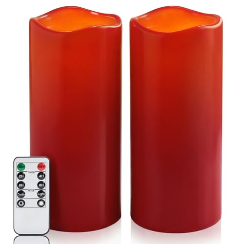 Homemory 4"x10" Burgundy Flameless Candles, Red Candles, Outdoor Waterproof Flameless Candles with Remote and Timers, Battery Operated LED Pillar Candles, Christmas Decor, Won't Melt Plastic, Set of 2 - color: Red, size: 4"x 10"