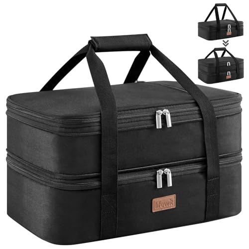 Lifewit Insulated Double Decker Casserole Carrier, Expandable Lasagna Lugger Tote Bag for Hot or Cold Food, Fits 9" x 13" Baking Dish for Potluck Parties, Picnic and Cookouts, Black - color: Black