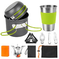 aiGear 8pcs Camping Cookware Mess Kit, Camping Pot and Pan Set with Mini Backpacking Stove, Stainless Steel Cup, Spork and Tank Bracket, Cooking Gear for Hiking Camping Outdoor Picnic - color: Green