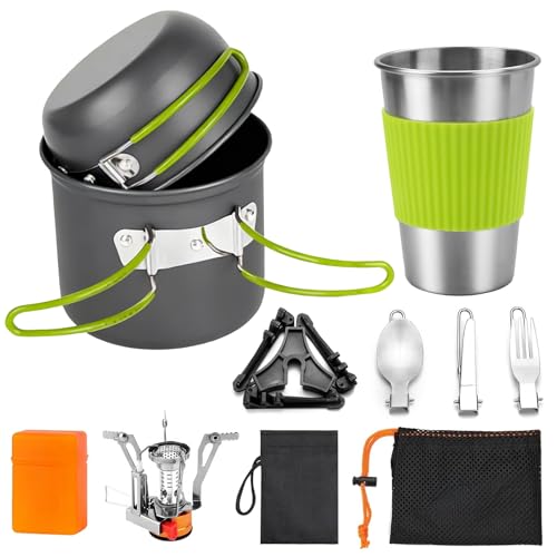 aiGear 8pcs Camping Cookware Mess Kit, Camping Pot and Pan Set with Mini Backpacking Stove, Stainless Steel Cup, Spork and Tank Bracket, Cooking Gear for Hiking Camping Outdoor Picnic - color: Green