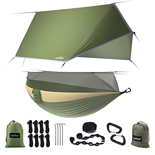 Sunyear Camping Hammock, Portable Single & Double Hammock with Net, 2 Person Hammock Tent with 2 * 10ft Straps, Best for Outdoor Hiking Survival Travel - color: Usa Green Bundle, size: 55"w*106"l (Single)