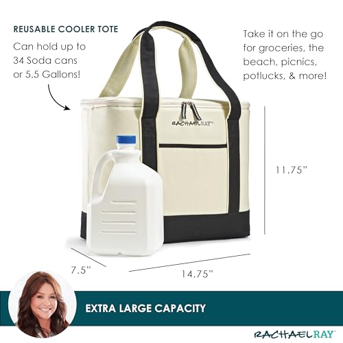 Rachael Ray Soft Reusable Insulated Canvas Grocery Tote Bag, Ivory - color: Ivory