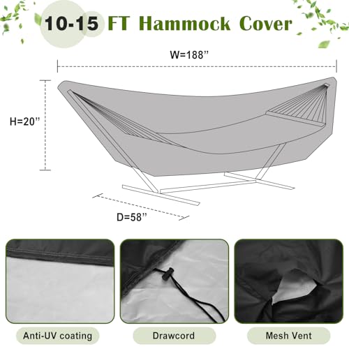 Tranqun Hammock Cover 188" W x 58" D x 20" H, Fits 14-16 ft Hammock Stand, Heavy Duty 420d Oxford Waterproof UV Resistant Outdoor Patio Cover with Adjustable Buckle Straps, Double Stitched Seam(Black) - color: Black