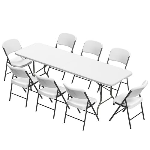 Elevon Folding Table Set with 8 White Folding Chairs,8 Feet Heavy Duty Fold-in-Half Utility Table Sets for Picnic, Event, Training, Outdoor Activities, at Home and Commercial Use - size: 8 feet, style: With 8 Chair