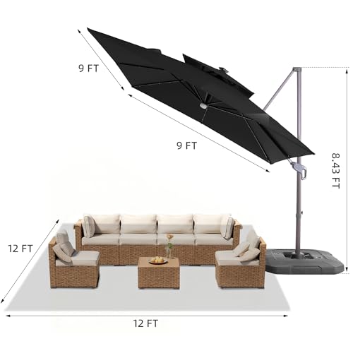 JZAC & QZYD 9x9 FT Outdoor Cantilever Patio Umbrella with Base Included and Solar LED Lights, Large Heavy Duty 2-Tier Square Aluminum Offset Umbrellas with 360-Degree Rotation for Pool Deck, Black - color: Black, size: 9'×9' - Weighted Base Included