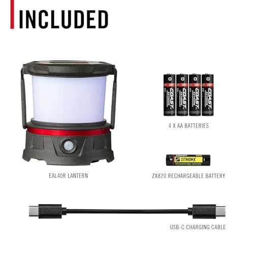 COAST EAL10R 500 Lumen Rechargeable Emergency Camping Lantern with Red Flashing Mode, Carabiner, Diffuser, Foldeable Handle, Moonglow™ Low Mode, 72 Hours of Runtime