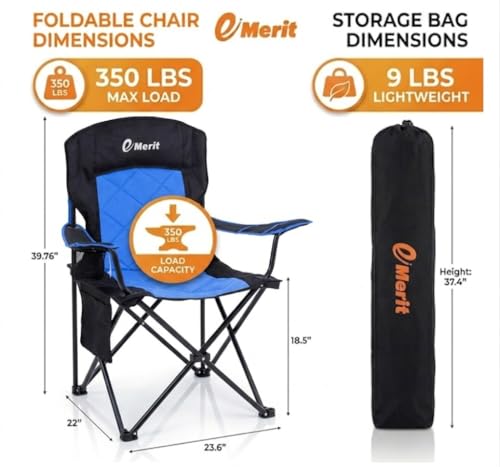 EMERIT Oversized Padded Camping Chair, 350LB Heavy Duty Quad Fold Chair with Arms, Collapsible Outdoor Chairs with Lumbar Back & Cup Holder - color: Blue