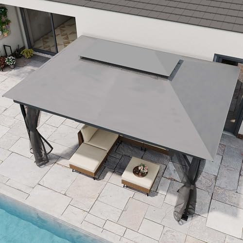 LAUSAINT HOME 10' X 13' Waterproof Patio Gazebo with Mosquito Netting, Double Roof Outdoor Gazebo Pavilion Shelter for Backyard, Garden, Lawn, Wedding (Grey) - color: Gray, size: 10'x13' w/o curtains