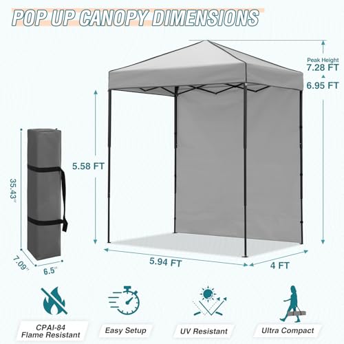 EAGLE PEAK 6x4 Instant Pop Up Canopy Tent with 1 Side Wall Panel, Straight Leg Sun Shelter, Portable Canopy with Carry Bag for Camping, Beach & Sports, Gray - color: Gray, size: One Wall