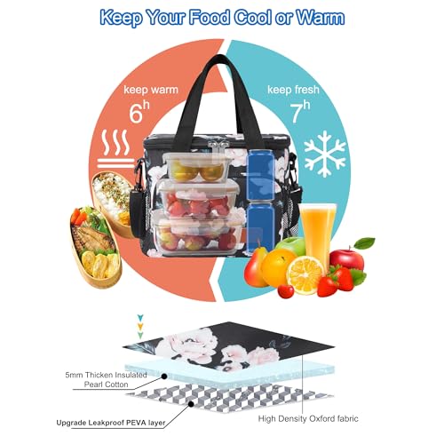 Femuar Lunch Bags for Women/Men, Insulated Lunch Bag for Work Office - Lunch Cooler Bag Leakproof Lunch Box with Adjustable Shoulder Strap - Pink flower - color: Pink flower, size: Medium Size