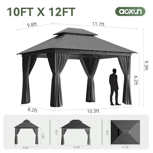 Aoxun 12'x10' Outdoor Gazebo, 50mm Heavy-Duty Steel Frame Double Roof Canopy, Waterproof Polyester Patio Pavilion with Curtains and Netting for Backyard Garden, Gray - color: Dark Gray, size: 10 X 12