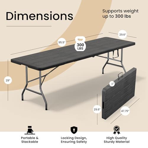 Our Modern Space 8 Feet Foldable Table with Built in Handle & Steel Legs | Heavy Duty Portable | Perfect for Party, Dining, Wedding, Events, Picnic Indoor, Outdoor, Camping, Utility, Temporary - color: Black, size: 8 FT