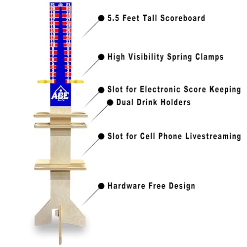 CornholeAce Elite Cornhole Scoreboard 3ft or 5.5ft Tall Hardware Free Stand with UV Printed Score Panel 0 to 21 Phone Tablet Scorekeeping Area Livestream Shelf 2 Drink Holders - size: 5.5 FT