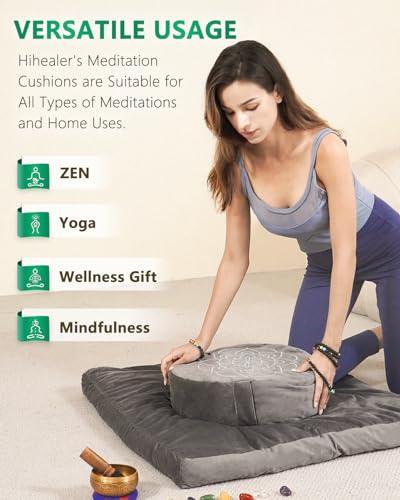 Hihealer Meditation Cushion Set – Large Rose Velvet Zafu & Zabuton Floor Pillow Traditional Tibetan Yoga Bolster for Adults Buckwheat Filled for Comfort Support - color: Gray-c
