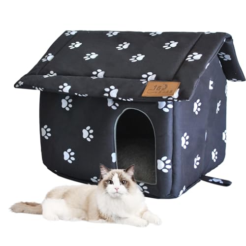 Cat House for Outdoor,Weatherproof Warm Feral Cats Shelter Outside/Indoor Collapsible Insulated Pet Houses Foldable Stray Cat Tent Cave for Kitty Puppy Small Animals Four Season(Black)