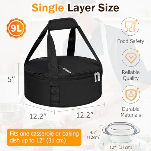 Round Insulated Casserole Carrier – 12" Portable Pie Carrier Bag for Hot or Cold Food, Leakproof Thermal Lunch Tote with Handle for Parties Picnic & Travel - Black - color: Black, size: Single
