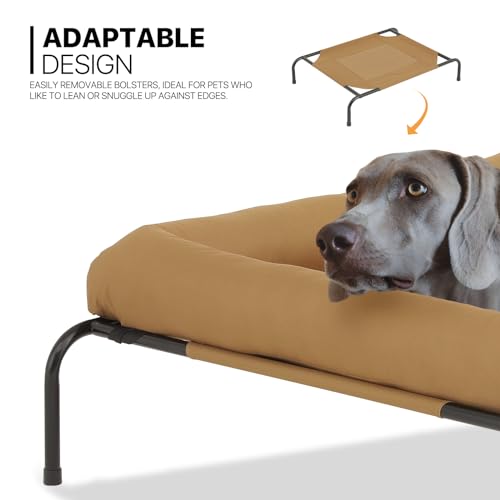 MoNiBloom Outdoor Elevated Dog Bed w/Removable Bolster, Portable Raised Outdoor Dog Bed with Stable Anti-Slip Feet & Breathable Mesh, 55 Inches Length, Light Brown - color: Light Brown, size: 55"L