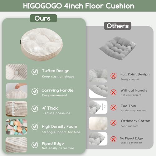HIGOGOGO Floor Pillow Cushion for Adults, Meditation Cushion Pillow, Large Round Floor Sitting, Tufted Corduroy Cover, for Tatami Living Room or Yoga, 22x22 Inch, 2Pack, Beige - color: Round Beige, size: 4" Thick(pack of 2)