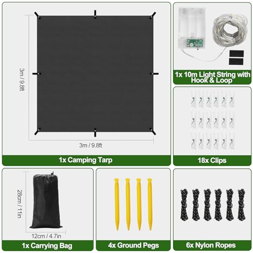 Rhino Valley Waterproof Tent Tarp, 9.8 × 9.8 Ft Large Outdoor Shelter Cover with Light Strings, Lightweight Portable Tarp Shelter Rain Tarp Camping Canopy for Hiking Traveling Backpacking - color: Black