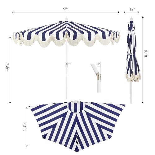 JONATHAN Y Half Umbrella UMB1201I Beverly 9 ft. Designer Classic Scalloped Fringe Market Patio with Crank, Tilt Button and UV Protection in Navy/White, White Pole - color: Navy/White - White Pole