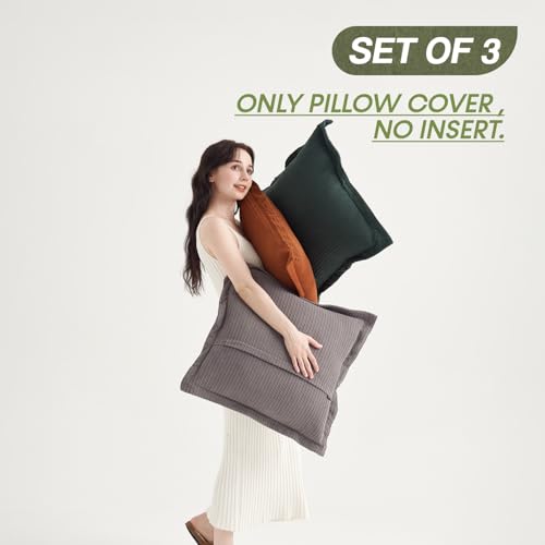 COCO TOP Pack of 3 Neutral Boho Decorative Throw Pillow Covers 18x18inch, Super Soft Textured Corduroy Pillow Covers Apartment Boho Room Decor for Couch Sofa Living Room Loung（Grey，Dark Green & Rust） - color: Grey/Dark Green/Rust, size: 18" x 18" (Pack of