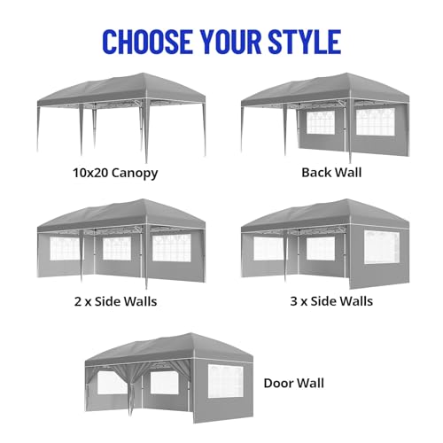 10x20 Pop Up Canopy with 6 Sidewalls, Waterproof Outdoor Wedding Gazebo Canopy with Removable Side Walls & 6 Sandbags | Ideal for Weddings, Parties, Backyard Events, Trade Shows - color: Gray