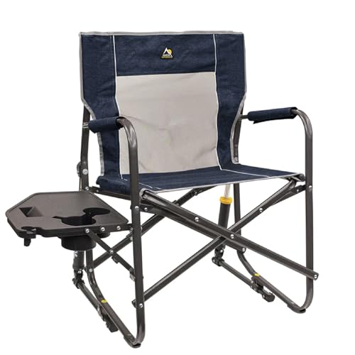 GCI OUTDOOR Freestyle Rocker with Side Table Camping Chair | Portable Folding Rocking Chair with Solid, Durable Armrests, Drink Holder & Comfortable Backrest — Heathered Indigo - color: Heathered Indigo, style: Freestyle Rocker W/ Side Table
