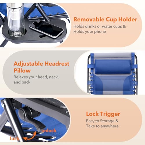 Sweetcrispy Zero Gravity Chairs, Foldable Patio Reclining Chairs with Adjustable Pillow & Cup Holder, Oversized Portable Support 400 lbs, for Backyard Camping(Blue-Gray) - color: Padded Blue-gray