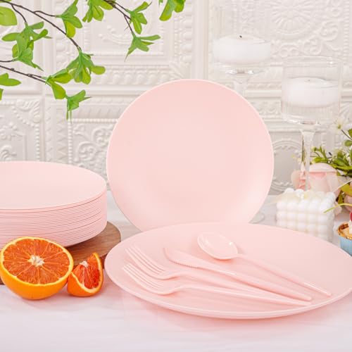 EI 150pcs Pink Plastic Plates Pink Disposable Heavy Duty Plastic Plates for Party Dinnerware Set Pink Plastic Silverware for Party Wedding Afternoon Tea,Spring,Mother's Day,Valentine's Day,Easter - color: Pink Frosted Plastic Plates