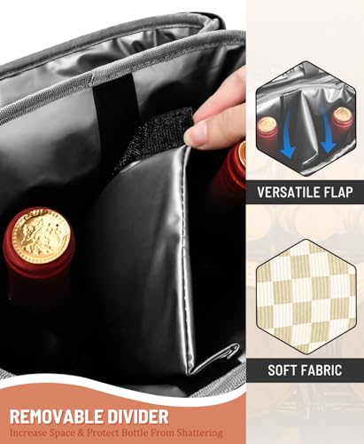 Insulated Wine Bag - Wine Bottle Carrier Tote Cooler Bags for Gifts Travel Picnic Beach, Khaki Checkered Pattern - 2 Bottle - color: Khaki Checkered Pattern, size: 2 Bottles